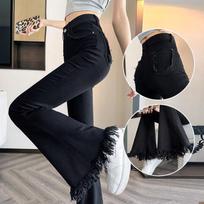 Women's Black Fringe Stretch Micro-Flare Jeans - Spring/Summer 2026, High-Waisted Slimming Raw Hem Floor-Length Pants. S (85-100 Jin)