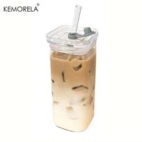 1/2Pc Square Heat Resistant Coffee Glass Cup With Lid and Straw Transparent Milk Tea Juice Cup Coffee Mug For Home Bar Drinkware 301-400ml