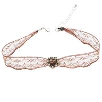 Vintage Pearl Heart Brown Lace Choker Necklace with Sheer Clavicle Chain