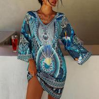 Plus Size Beach Cover Up Robe Plage Sarong Swimsuit Cover Up Fashion Print Mujer Beachwear Bathing Suit Women Maxi Dress EMA S