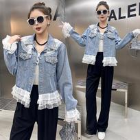 Denim Jacket Women's Western Style Fashion Lace Stitching Short Washed Beaded Jacket Top Small Fragrance S