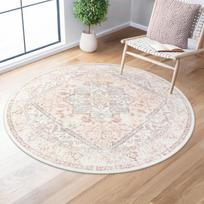 Round Retro Geometric Pattern Elegant Carpet Mat Home Decoration Beige Pink Durable Soft Anti Slip Mat Living Room Rug 60cm x 60cm