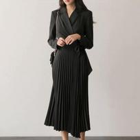 Women Casual V-Neck Dress Belt Long Sleeve Dress Big Swing Pleated Dress juoda