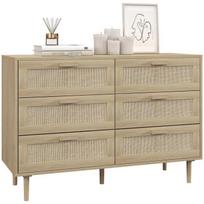 HOMCOM 6 stalčių komoda su rotango pynimu dim. 110I x 40P x 75A cm Šviesaus medžio išvaizda