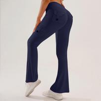 Women’s Yoga Flare Pants Outdoor Fitness Trousers High Waist Multi Pocket Stretch Cargo Workout Pants S tamsiai mėlyna