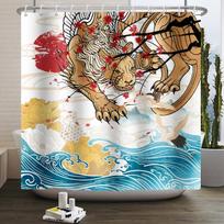 Japan Mount Fuji Cherry Blossom Sunset Shower Curtain Ink Landscape Wave Painting Shower Curtain Bathroom Fabric Decoration W90xH180cm brown