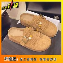 Super popular thick-soled comfortable non-slip bag head half slippers women's fringed bow single shoes 2025 spring and summer new models 35