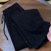 High Waist Wide Leg Ice Silk Pants with Starry Pattern - Floor-Mopping Length for Casual/Sports L