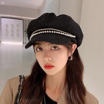 Japanese Designer Pearl Beret Hat Women's Spring and Autumn Korean Style Trendy Octagonal British Retro Painter Hat Beet Beet Beet Hat One Size