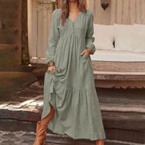 Women's Button Down Cotton Linen Vintage Casual Long Sleeve Dress S