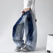 New Women's Vintage Gradient Washed Curved Flare Jeans, Loose Fit Relaxed Style Denim Pants for Autumn Casual Streetwear S mėlyna