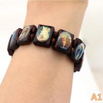 Wooden Rosary Bracelet - Elegant Religious Icon Stickers, Drip Oil Finish, Spiritual Beaded Prayer Jewelry For Devotional Wear