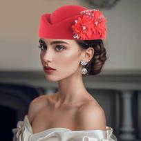 Fashion With Flower Felt Turban Hat Soft Vintage Soft Beret Caps Casual Tea Party Cap for Women raudona
