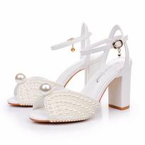 2025 Chunky-Heeled 9CM Pearl Lady Style Hong Kong-Style Fish-Mouth Sandals White Pearl Bride Dress Sandals Women'S Wedding Shoes 34 pilkšvai balta