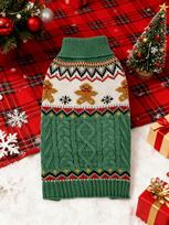 Gingerbread Man & Deer Print Christmas Pet Sweater, Red & Green, Warm Clothing for Small Dogs and Cats in Autumn/Winter S žalia