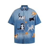 American retro wool cat embroidery washed denim short-sleeved shirt for men and women couple summer loose casual shirt M mėlyna
