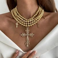 Cyberpunk Style Diamond-Encrusted Cross Necklace, Exaggerated Multi-Layer Ccb Round Beaded Beaded Necklace black