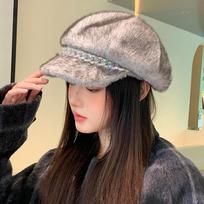 Korean Imitation Mink Hair Color Chain Beret Women's Autumn and Winter Casual Fashion Big Head Octagonal Hat Versatile Newspaper Boy Hat One Size