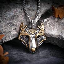 Vikings Wolf Head Necklaces Norse Odin Celtic Wolf Amulet Stainless Steel Animal Pendant Mens Charm Genuine Leather Rope Jewelry 60cm gray