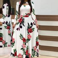 Fashion Women Long Sleeve Floral Boho Print Long Dress Ladies Casual Dress M balta