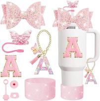 8PCS Cup Accessories Set for Stanley Cup 30 40oz Tumbler Straw Topper Cover Cap Boot,Spill Proof Stopper Charm Initials Sticker white