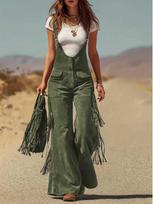 European & American Retro Suede Tassel Wide-Leg Overalls with Pocket Decoration Small armijos žalia spalva