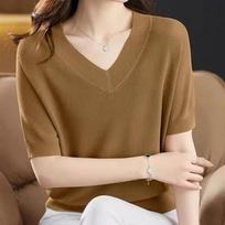 Summer Women Ice Silk Tops Women Casual Loose V-neck Thin T-shirts Short Sleeve Shirt Plus Size M