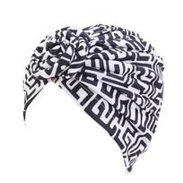 Turban Hat for Women Bohemian Style Swirling Flowers Headweap Geometric juoda balta spalva