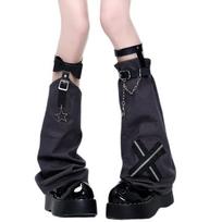 Aesthetic Vintage Crosses Stitched Leg Warmer for Women Harajuku Streetwear Punk Leather Buckle Garters Leg Sleeve Cover juoda