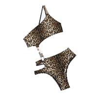 Women's Sexy Leopard Print Jumpsuit Double Row O-Ring Chain Decor Cutout Waist Comfort Bodysuit S leopardas
