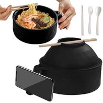 Mikrobangų krosnelės ramen dubuo, naujas ramen dubenėlių rinkinys, komplekte yra dangtelis, valgymo pagaliukai, šaukštas ir šakutė, ramen puodas su dangteliu ir rankena, nešiojamas makaronų dubuo. juoda