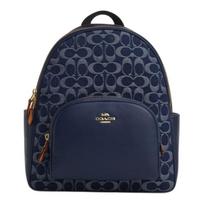 COACH Court 28 brand logo zipper closure, fabric and cow leather, backpack, large size, women's model, denim blue and natural color mėlyna