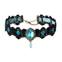 Women Choker Gothic Vintage Braided Aesthetic with Faux Gemstone Dress Up Gift Ladies Punk Lace Stitching Clavicle Necklace Trendy Jewelry ežero mėlyna spalva