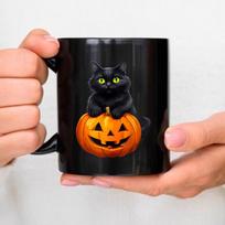 Black coffee mug with black cat and pumpkin design for Halloween parties and gifts