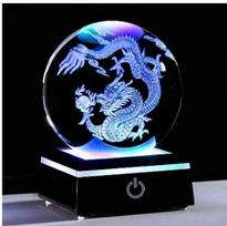 3D Inner Carved Crystal Ball: Fine Dragon and Dolphin Square Ornament