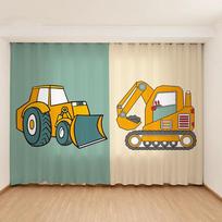 Modern Cute Blue Yellow Toy Car Excavator Drape for Children's Room Boys Bedroom Space Baby Room Window 2Panel High Shading Modern Design W55 X H120cm X 2&HOOK