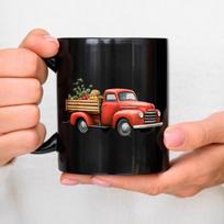 Black ceramic mug with red retro truck and harvest vegetable design for coffee, tea or everyday use