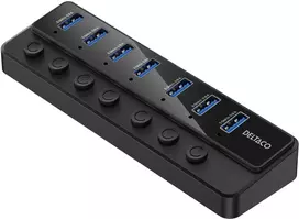 USB-A šakotuvas DELTACO, 7 USB-A prievadai, maitinimo jungikliai, maitinimo šaltinis pridėtas, juodas / UH-739 / 1903172