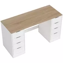 HOMCOM 140 cm Kompiuterinis stalas, 8 stalčiai, Darbo stalas namų biurui, Miegamasis, Plienas, Mediena, Baltas