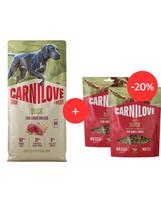 **CARNILOVE True Fresh Dog Duck Adult Large Breeds 12 kg – su šviežia antiena suaugusiems didelių veislių šunims + CARNILOVE Dog Soft Snack Duck 2 × 200 g – minkšti skanėstai šunims su antiena