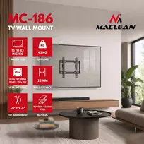 „Maclean“ televizoriaus laikiklis, maks. VESA 200x200, 13–43 colių, iki 45 kg, juodas, reguliuojamas pasvirimo kampas nuo 0° iki -8°, MC-186