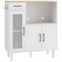 Šoninė spintelė, virtuvinė spintelė su stalčiumi, 2 spintelėmis, atvira lentyna, rifliuotomis akrilinio stiklo durelėmis, 80 x 34 x 91 cm, balta + ąžuolo spalvos