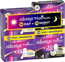 Always Platinum Higieniniai Paketai su Sparneliais Day (Size 2, 14 vnt.) and Night (Size 4, 10 vnt.)