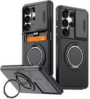 Hurtel Samsung Galaxy S26 Ultra magnetinis dėklas su 360° metaliniu žiedu ir kameros apsauga – juodos spalvos