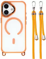 „Hurtel“ „iPhone 17“ dėklas su reguliuojamu dirželiu per petį ir „MagSafe“ suderinamu kameros rėmeliu kaip stovas – oranžinis