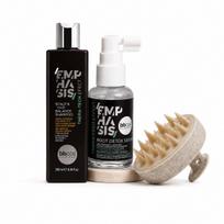 BBcos Emphasis Thera-Tech Effect rinkinys riebiai galvos odai – šampūnas + Root Detox serumas + galvos odos masažuoklis