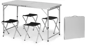 Bauerkraft Sulankstomas turizmo staliukas su lagaminu, nešiojimo rankena, aukščio reguliavimu ir 4 kėdžių komplektu, 120x60x70 cm, sidabrinis