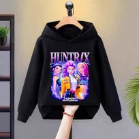 KPop Demon Hunters Sweatshirt Hooded Children Spring Autumn Clothes Rumi Mira Zoey Cartoon Anime Thin Fleece Kids Long Sleeves 110CM black