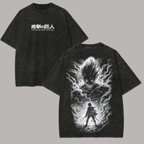 Anime Attack Titan Retro Wash Printed T-shirt Mikasa Ackerman Eren Jaeger Free Wings Pattern Men's Summer T-shirt S gray