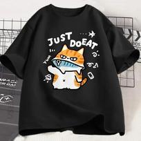 Funny Cat Eat Fish T-shirt for Women Summer Tops Tshirts O-neck Women Clothing Streetwear Short Sleeve Fashion Street Clothes XS juoda